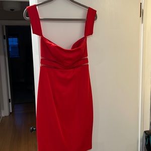 Off the shoulder midi red mesh dress